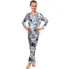 Blue Metallic Leaves Pattern Kid s Satin Long Sleeve Pajamas Set by designsbymallika