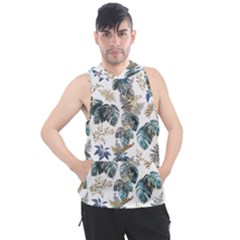 Blue Metallic Leaves Pattern Men s Sleeveless Hoodie by designsbymallika