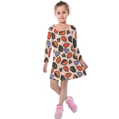 Orange Blue Leaves Pattern Kids  Long Sleeve Velvet Dress by designsbymallika