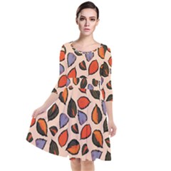 Orange Blue Leaves Pattern Quarter Sleeve Waist Band Dress by designsbymallika