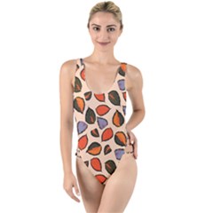 Orange Blue Leaves Pattern High Leg Strappy Swimsuit by designsbymallika