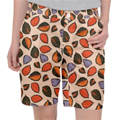 Orange Blue Leaves Pattern Pocket Shorts by designsbymallika