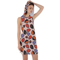 Orange Blue Leaves Pattern Racer Back Hoodie Dress by designsbymallika