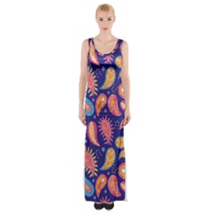 Blue Paisley Print 2 Thigh Split Maxi Dress