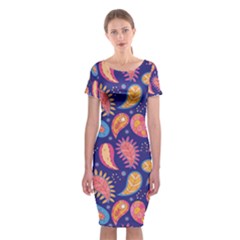 Blue Paisley Print 2 Classic Short Sleeve Midi Dress by designsbymallika