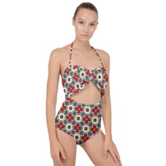 Seamless Red Pattern Scallop Top Cut Out Swimsuit by designsbymallika