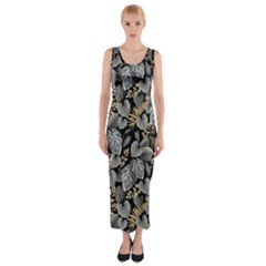 Metallic Leaves Pattern Fitted Maxi Dress