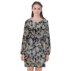 Metallic Leaves Pattern Long Sleeve Chiffon Shift Dress 