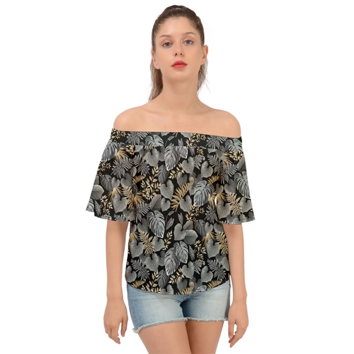 Metallic Leaves Pattern Off Shoulder Short Sleeve Top