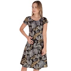 Metallic Leaves Pattern Classic Short Sleeve Dress