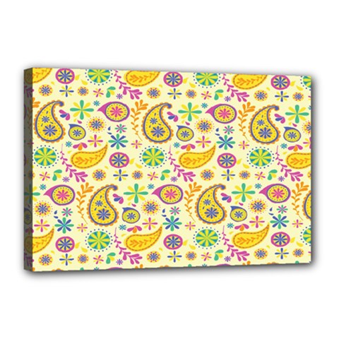Paisley Print Yellow Canvas 18  X 12  (stretched)