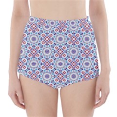 Blue Tile Pattern High-Waisted Bikini Bottoms