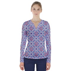 Blue Tile Pattern V-Neck Long Sleeve Top