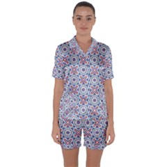 Blue Tile Pattern Satin Short Sleeve Pajamas Set