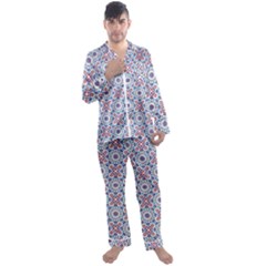 Blue Tile Pattern Men s Long Sleeve Satin Pajamas Set by designsbymallika