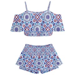 Blue Tile Pattern Kids  Off Shoulder Skirt Bikini