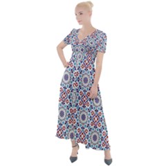 Blue Tile Pattern Button Up Short Sleeve Maxi Dress by designsbymallika