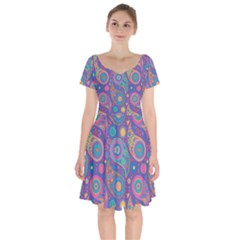 Baatik Purple Print Short Sleeve Bardot Dress