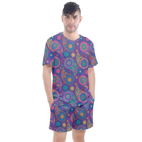 Baatik Purple Print Men s Mesh Tee And Shorts Set by designsbymallika