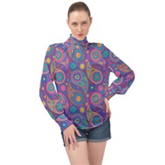 Baatik Purple Print High Neck Long Sleeve Chiffon Top by designsbymallika