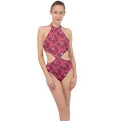 Baatik Red Pattern Halter Side Cut Swimsuit by designsbymallika