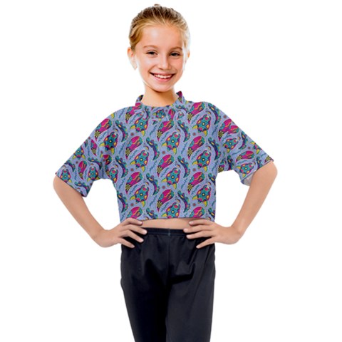 Blue Paisley Print Kids Mock Neck Tee by designsbymallika