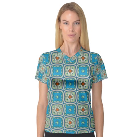 Traditional Indian Pattern V-neck Sport Mesh Tee by designsbymallika