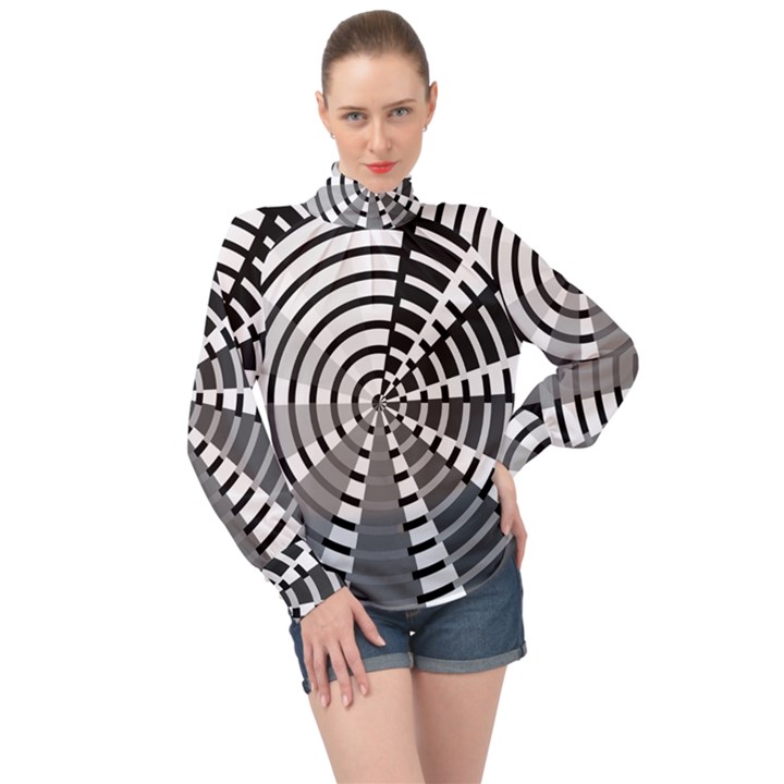 Nine Bar Monochrome Fade Squared Wheel High Neck Long Sleeve Chiffon Top