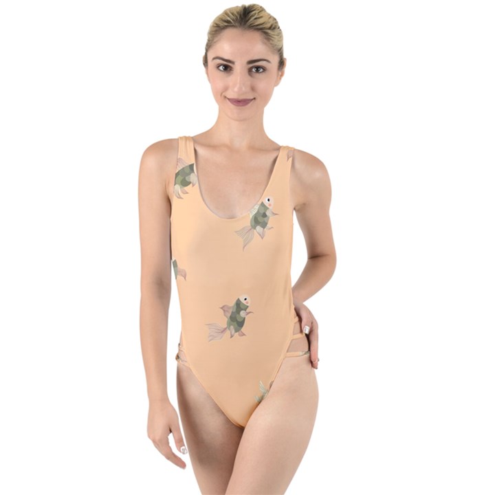 Delicate decorative seamless  pattern with  fairy fish on the peach background High Leg Strappy Swimsuit