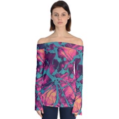 Pink And Turquoise Alcohol Ink Off Shoulder Long Sleeve Top by Dazzleway