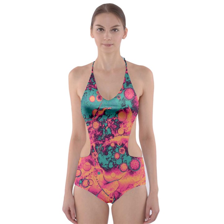 Orange and turquoise alcohol ink  Cut-Out One Piece Swimsuit