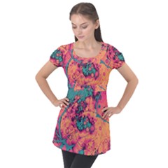 Orange And Turquoise Alcohol Ink  Puff Sleeve Tunic Top by Dazzleway