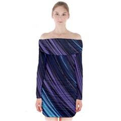 Blue And Purple Stripes Long Sleeve Off Shoulder Dress by Dazzleway