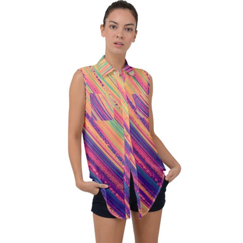 Colorful Stripes Sleeveless Chiffon Button Shirt by Dazzleway