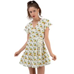 Background Cactus Flutter Sleeve Wrap Dress