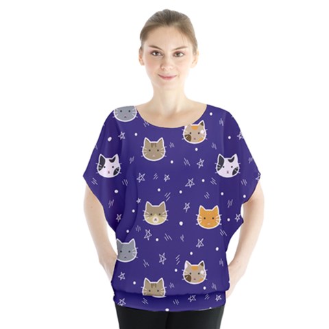 Multi Cats Batwing Chiffon Blouse by CleverGoods