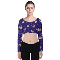 Multi Cats Velvet Long Sleeve Crop Top by CleverGoods