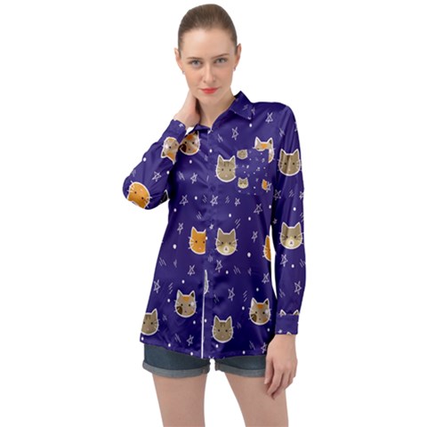 Multi Cats Long Sleeve Satin Shirt by CleverGoods