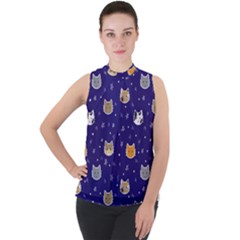 Multi Kitty Mock Neck Chiffon Sleeveless Top