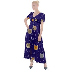 Multi Kitty Button Up Short Sleeve Maxi Dress by CleverGoods
