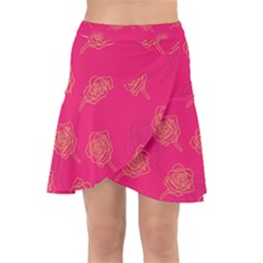 Roses Pattern Pink Color Wrap Front Skirt by brightlightarts