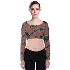 Tropical Style Floral Motif Print Pattern Velvet Long Sleeve Crop Top by dflcprintsclothing