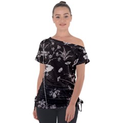 Dark Floral Artwork Off Shoulder Tie-up Tee