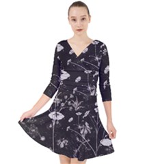 Dark Floral Artwork Quarter Sleeve Front Wrap Dress