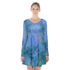 Lilac And Green Abstract Long Sleeve Velvet V-neck Dress