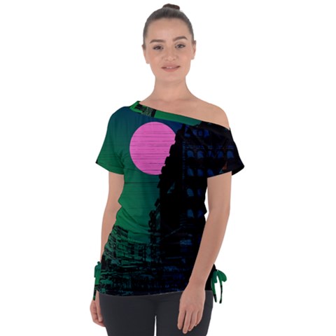 Vaporwave Old Moon Over Nyc Off Shoulder Tie-up Tee by WetdryvacsLair