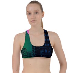 Vaporwave Old Moon Over Nyc Criss Cross Racerback Sports Bra by WetdryvacsLair