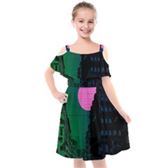 Vaporwave Old Moon Over Nyc Kids  Cut Out Shoulders Chiffon Dress