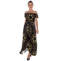 Black and gold pattern Off Shoulder Open Front Chiffon Dress