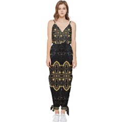 Ornate Black And Gold Sleeveless Tie Ankle Jumpsuit